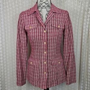 Tocca Silk Tweed Plaid Blazer Wooden Buttons Red White Size 2 Vintage